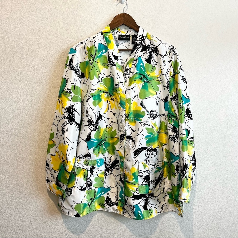 Maggie Barnes White Yellow Green Black Floral Long Sleeve Button Shirt Top 1X
